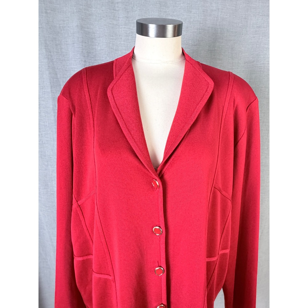 Vintage Misook Red Knit Cardigan Jacket Longline Gold‎ Buttons 3X